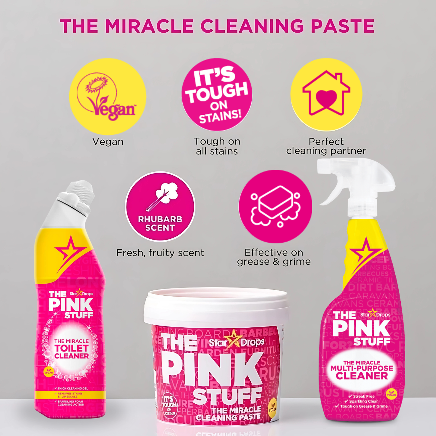 The Pink Stuff Pack 3 Unidades Ahorro – Pasta 850g + Spray Multiusos 750ml + Crema Limpiadora 500ml – Stardrops Pasta Pink Stuff Miracle Cleaning